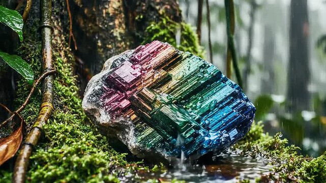 Iridescent Mineral Crystal on Mossy Forest Floor