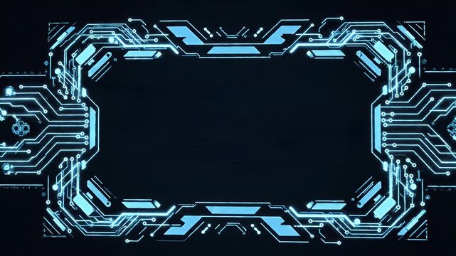 A futuristic, glowing blue circuit board pattern forms a frame against a dark background, suggesting advanced technology and digital connectivity.