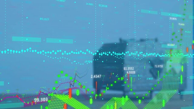 Animation of financial data processing against close up of vault box against blue background