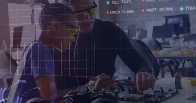 Animation of financial data processing over man and apprentice working in workshop