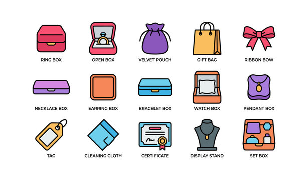 Assorted jewelry packaging with boxes, pouches, and accessories