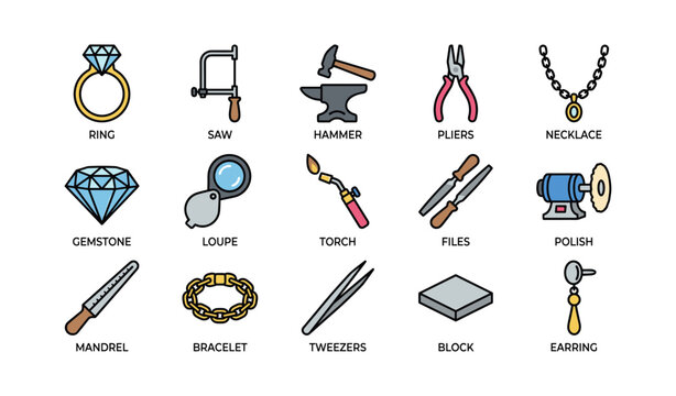 Jewelry tools collection: ring, saw, hammer, pliers, necklace, and more