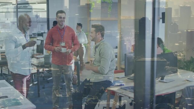 Animation of diverse coworkers talking while drinking beverages in office over aerial view of city
