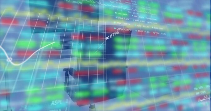 Animation of trading board and line graphs moving over chair and computer in cabin