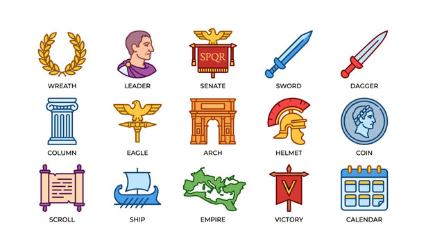 Icons of ancient rome: wreath, leader, senate, sword, dagger, column, eagle, arch, helmet, coin, scroll, ship, empire, victory, calendar