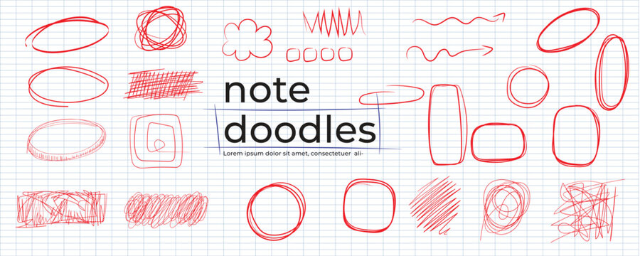 Red scribble and doodle collection.  lines, arrows and scribbles at grid notebook background. Crayon drawn note doodles for hand drawn.