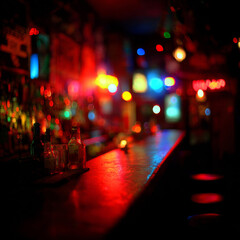 Empty bar counter with vibrant red neon lights