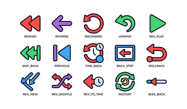 Colorful arrow and time icons for media controls and navigation
