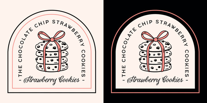 Strawberry chocolate chip cookies flavor label logo sticker tag packaging design girly vintage fancy aesthetic print. Homemade soft cookie stack with pink bow cute outline drawing bakery illustration.