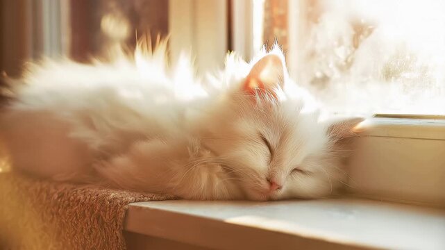Cute white kitten sleeps on window sill in warm sunlight during afternoon hours at home