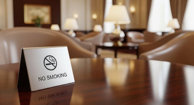 A sign on a wooden table indicates no smoking in a room with chairs and lamps.