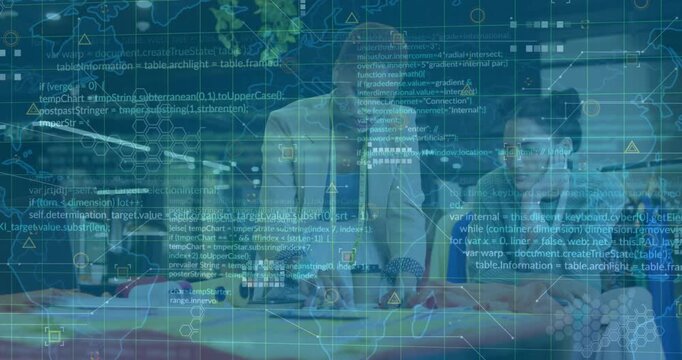 Animation of computer language over diverse female designer discussing clothes designs in office