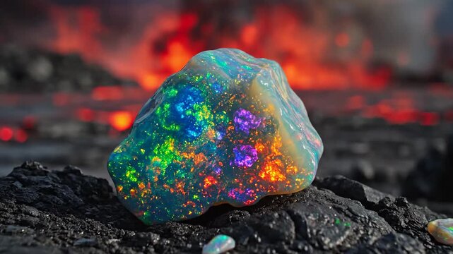 Iridescent Opal Jewel Amidst Volcanic Eruption