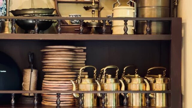 Vintage interior decor on a wooden shelf in a Phuket restaurant. Antique brass teapots, ceramic dishes, pink peonies and traditional Asian kitchenware creating a cozy, authentic oriental atmosphere.