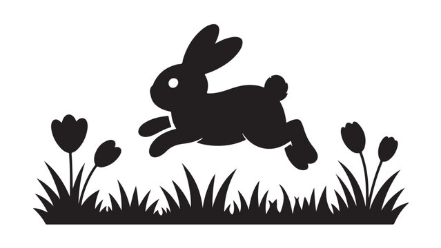 Cute black silhouette of bunny jumping over grass rabbit