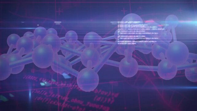 Molecular structure with digital data overlay in futuristic scientific animation