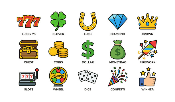 Colorful casino symbols including lucky 7s, clover, coins, and diamond icons