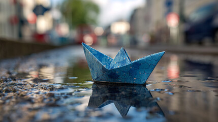 blue origami paper boat floats in a large puddle on a city street on a sunny spring morning.