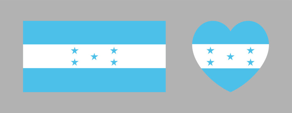 Honduras country flag sticker, icon. Republic of Honduras flag in heart, rectangular shape button, banner. National flag badge rectangle, heart badge, background.