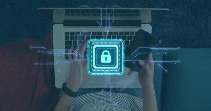 Woman typing and tapping phone and laptop starting security lock and circuit lines, securing login