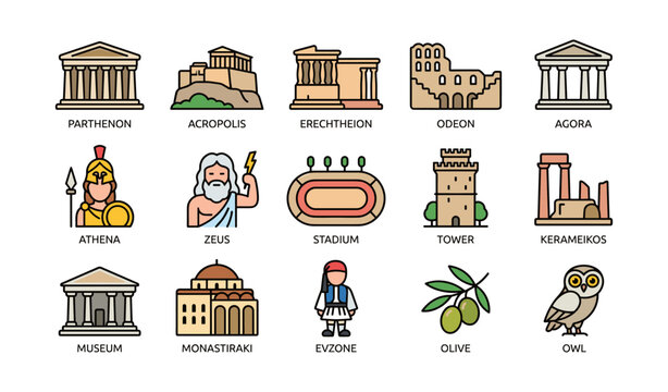 Illustrated icons of ancient greek architecture and culture