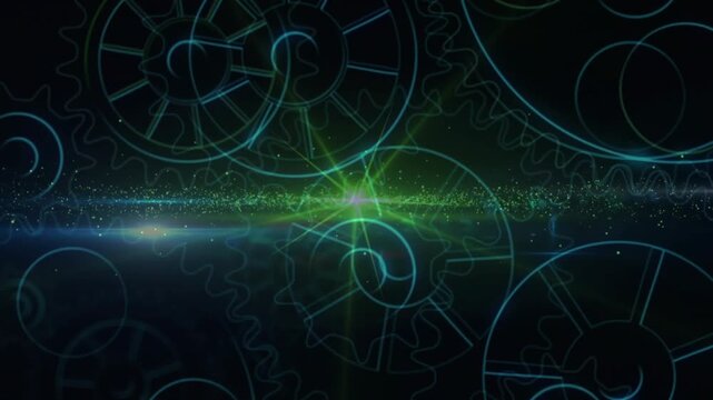 Opening frame showing translucent gears rotating pulsing green band, flare for HUD intro in space
