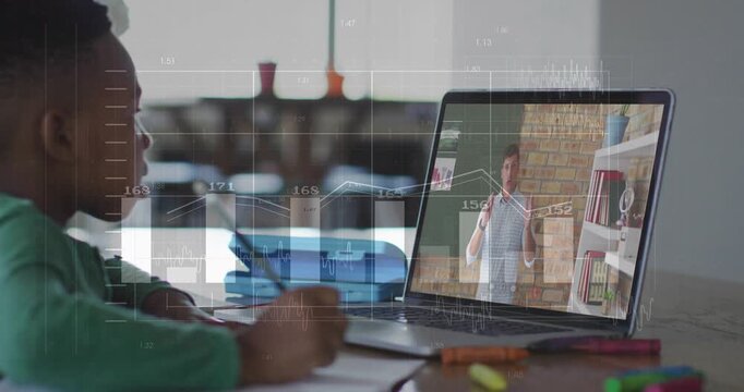 Child following laptop education, writing notes while overlaying charts rising and falling to learn