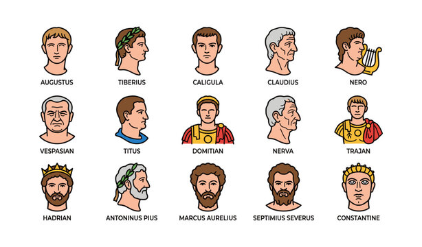 Roman emperors illustrations collection: augustus, nero, constantine, vespasian, hadrian