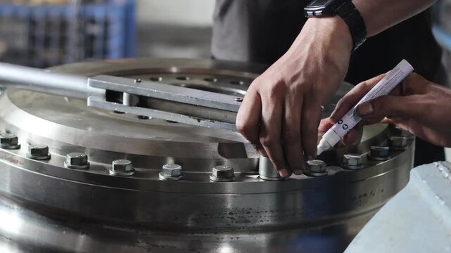 Technician tightening heavy machinery gear bolts using manual torque wrench tool in industrial workshop.