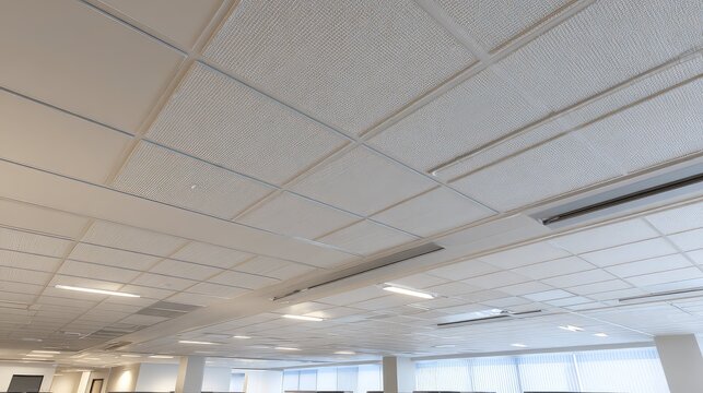 Modern office interior featuring a grid ceiling with various acoustic tiles, integrated fluorescent lighting, and air conditioning vents, creating a clean overhead perspective