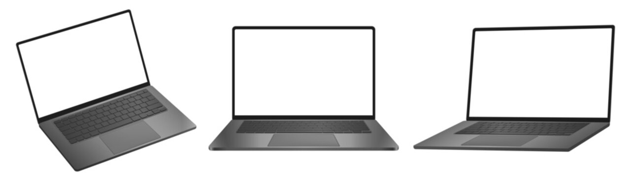 Modern Realistic Laptop Mockup Set With Blank Screen isolated on Transparent Background, Different Perspective Views of Clean Minimal Open Devices Ideal for Branding, UI UX Design, and Advertising