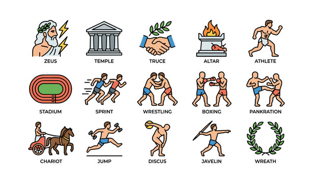 Ancient greek olympic sports icons: zeus, athletics, combat, and symbols