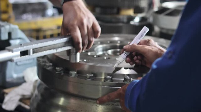 Technician tightening heavy machinery gear bolts using manual torque wrench tool in industrial workshop.