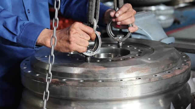 Mechanic technician installing a heavy duty torque converter cover on a transmission system in a workshop using lifting eye bolts.