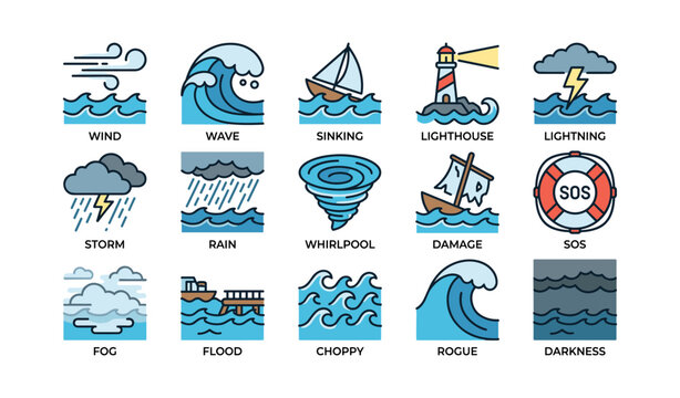 Nautical symbols depicting stormy sea conditions and maritime challenges
