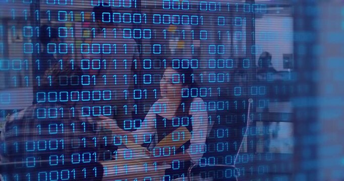 Female office worker sorting yellow folder and papers, binary overlay appearing guiding tech review