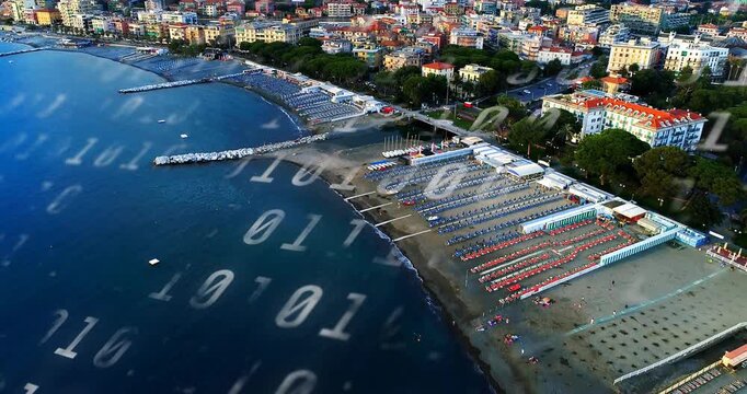 Drone sweeping bay revealing sunbeds while binary code drifting over sea hiding visitors for travel