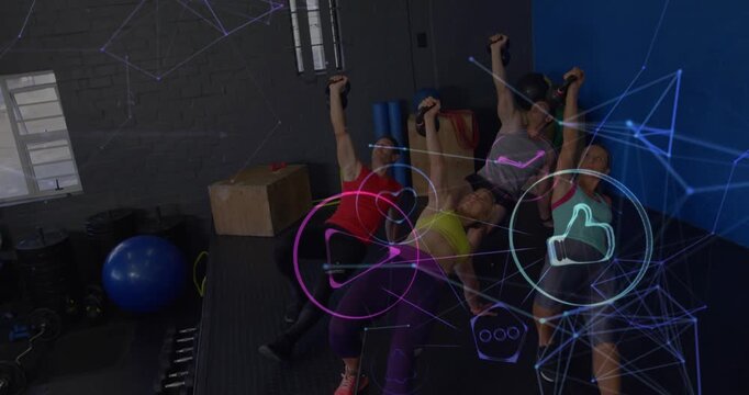 Group pressing dumbbells in fitness class, overlay appearing third rep showing social icons, toning
