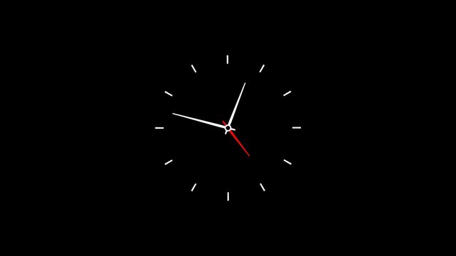 Analog clock animation on transparent background . Clock icon flat style. Twenty four hours clock hand spinning animation. Analog clock spinning animation with alpha channel in 4k.