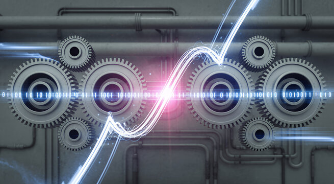 Industrial gear mechanism with digital binary code stream and glowing light effect on dark