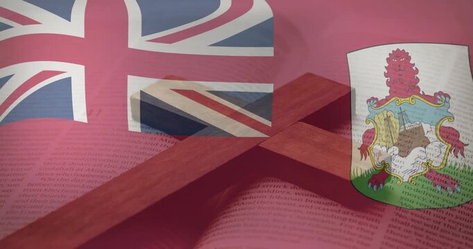 Frame sequence showing red ensign Union Jack fluttering over book with wooden cross, evoking faith