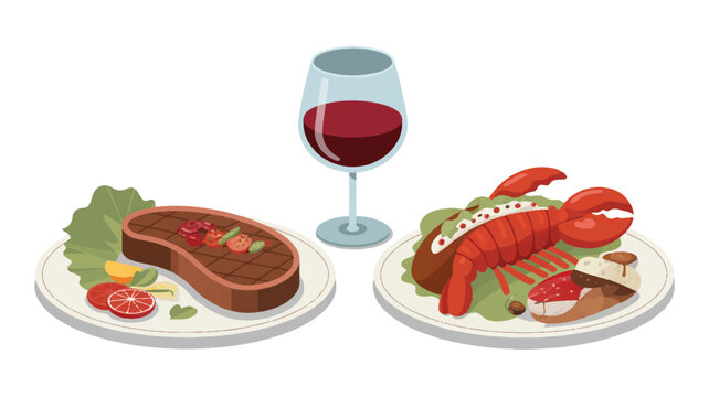Gourmet meal of steak and lobster with a glass of red wine on a table fine dining food photography appetizer beverage alcoholic restaurant