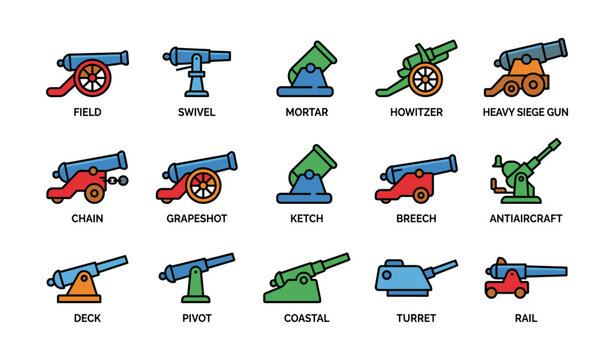 Colorful illustrations of various cannons and artillery types