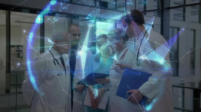 Vertical video: Med team leaning in as nurse showing chart, hologram forming and aiding case review