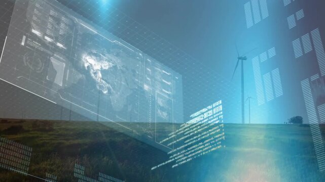 Holographic world map panel sliding in from left, aligning data and visualizing wind farm metrics