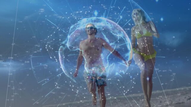 Couple running hand-in-hand toward camera on beach, holo globe appearing, overlaying, showing tech