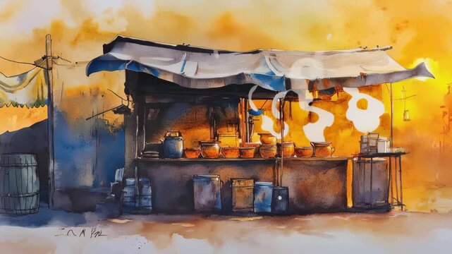 Food stall serves hot meals at sunset in a busy market area with smoke rising and pots lined up for customers
