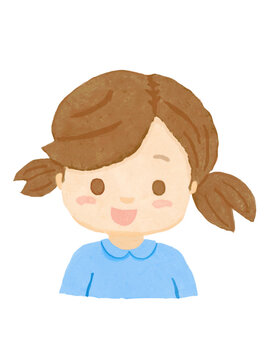 白バックに水色の服を着た上半身の女の子が笑ってる人物イラスト