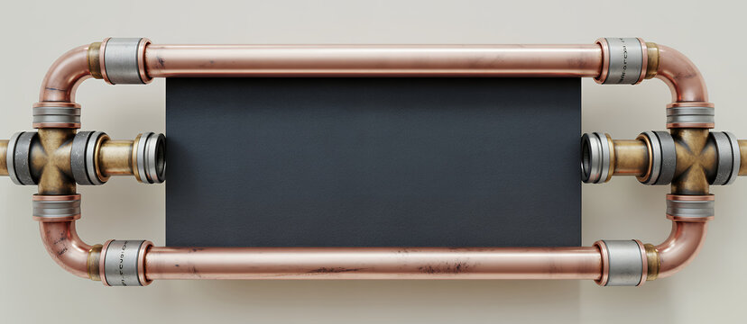 Rectangular frame made of copper pipes and brass fittings on a neutral light gray background