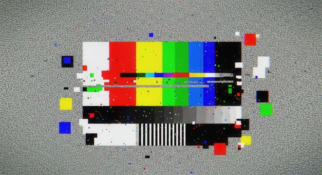 Abstract illustration of distorted tv test color bars. Glitch effect background. Conceptual image of vhs dead pixels.